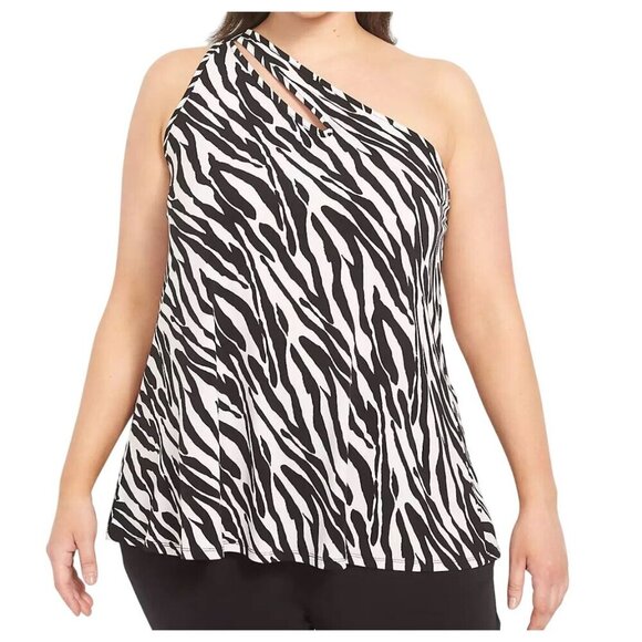 Lane Bryant Top Women 26 White One Shoulder Animal Print Twee Neutral Minimalist - Picture 1 of 13
